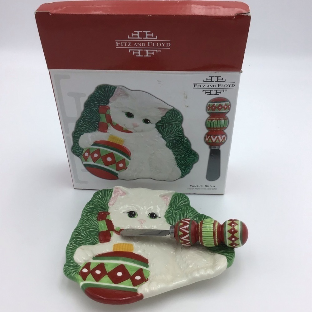Fitz and Floyd Snack Plate with Spreader Yuletide Kitten